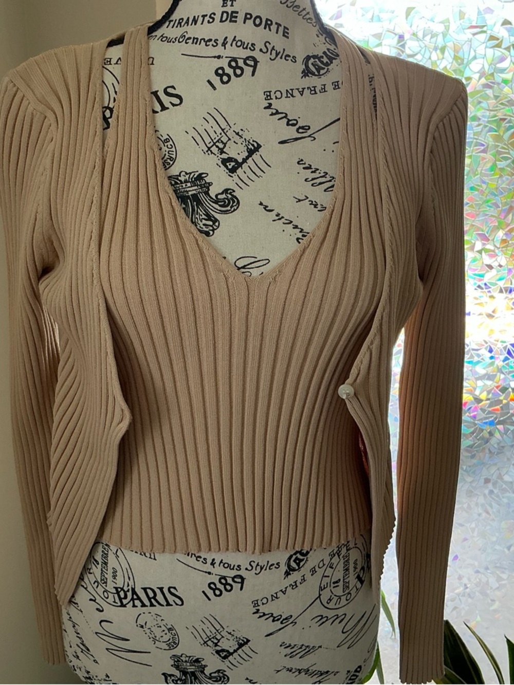 Astr Ribbed V-Neck Sweater Set in Beige